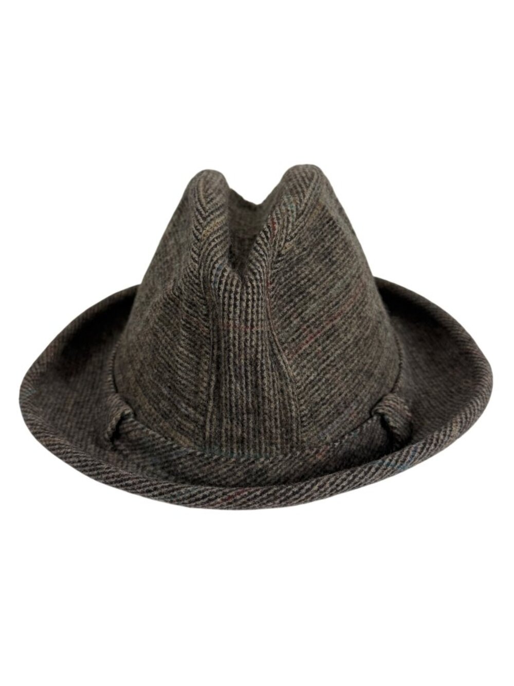 Vintage Herringbone Tweed Fedora Players Style Wool Blend Hat Lined Size 7 3/8